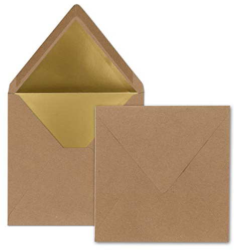25 quadratische Brief-Umschläge - 15,5 x 15,5 cm, Kraftpapier mit Naturfasern (Braun) - mit Gold-Papier gefüttert - Nassklebung - Vintage-Look