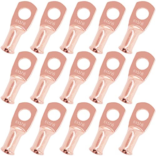 Swpeet 15Pcs 6 AWG - 5/16 (M8) Ring Terminals UL Listed Copper Battery Cable Lugs, Wire Lugs, Bare Copper Eyelets, Tubular Ring Battery Cable Ends for Enhanced High Temperature