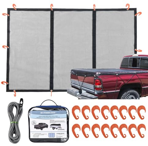 Motorbuddy 4' x 6' Cargo Cover Mesh Net, Super Duty Large Loads Tighter Truck Bed Organizer Net with 16pcs Hooks & Elastic Rope, Universal for Pickup Truck SUV Trailer Boat RV