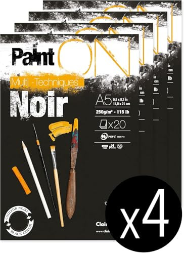 Clairefontaine 975168C - Packung mit 4 Blöcken Paint´ON Noir, DIN A5, kopfseitig geleimt, 20 Blatt, 250g, schwarz, 4 Stück