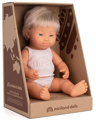 Miniland Dolls: europäische Babypuppe Junge, blond, mit Down Syndrom aus weichem Vinyl, 38 cm, präsentiert mit Unterwäsche in Geschenkbox (31263)