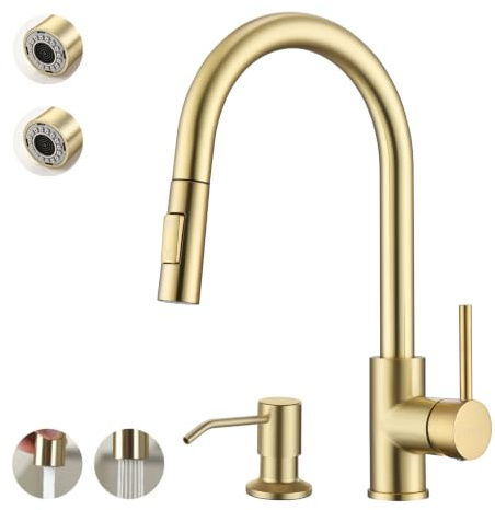 Havin Gold Kitchen Faucet,High Arc Stainless Steel Material,with Pull Down Kitchen Sprayer,cUPC Cartridge,Without Deck Plate,Use for 1 Hole Sink,with Spare Sprayer and Soap Dispenser,Brushed Gold