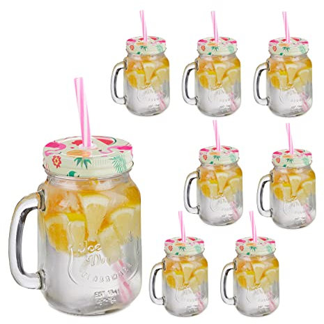 Relaxdays Trinkgläser mit Deckel und Strohhalm, 8er Set Limonadengläser, 500 ml, Retro Sommergläser mit Henkel, bunt