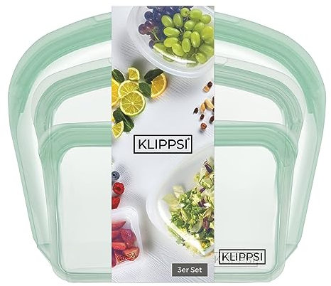 KLIPPSI® 3er Set Wiederverwendbare Silikonbeutel Gefrierbeutel Aufbewahrungsbeutel reißfest, hitze-kältebeständig, auslaufsicher, spülmaschinengeeignet (Grün)