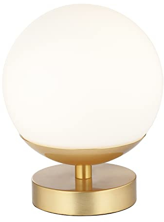 Happy Homewares Modern Touch Dimmable Energy Efficient LED White Globe Glass Table Lamp with Brushed Gold Base | 19cm x 15cm | 5w LED = 40w | Low Medium and High Light Settings