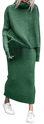 Vestido formal de manga para invierno, 2 piezas, suéter de lana acanalada, cuello alto, conjunto de mujer elegante, vestidos casuales, chaquetas largas, verano, verde, XXL