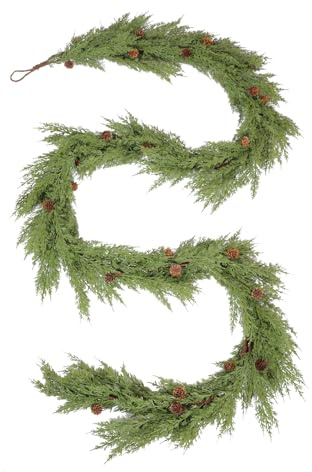 WBHome Real Touch Cypress Cedar & Pine Cone Evergreen Garland for Christmas Holiday Seasonal Outdoor/Indoor Home Decor, 9FT Long