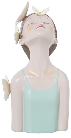 DRW Figura di un busto da ragazza in resina con farfalle e maglietta verde 12x14x27 cm