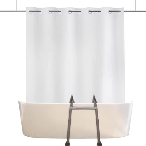 YISURE Split Shower Curtain for Bath Sliding Transfer Bench, White Polyester 80x74 Bath Curtain with Two 13.4x11.8-Separated-Away Slits at Bottom, No Hooks Needed & 2 Vertical Slits Designed