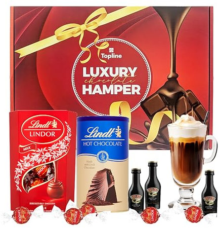 Irish Cream & Lindt Chocolates Hamper - Irresistibly Smooth Milk Chocolate Truffles 200g, Hot Chocolate 300g & 3 x 5cl Original Irish Cream Liqueur Miniatures. Gifts for Couples