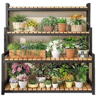 HUHJYUGE Pflanzenständer mit 3/4 Ebenen, Mehrstöckig Pflanzenregal, Blumenregal Holz, Blumentreppe Outdoor Holz, Blumenleiter Balkon, Blumentreppe Pflanzentreppe für Garten Wohnzimmer