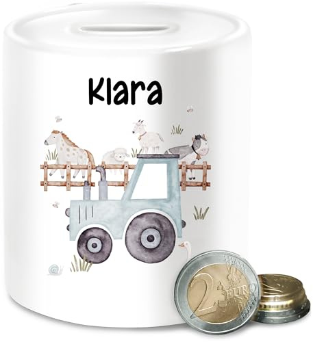 Spardose - Bauernhof Traktor Tiere mit Namen Landwirtschaftlicher Tiermotiv Bauernhoftieren - Unisize - Weiß - Kinder Geschenke für traktorfans Traktoren Kuh sparbüchsen Name trecker