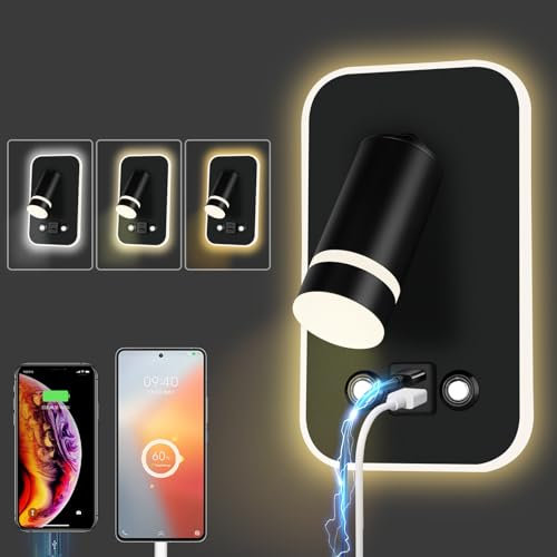 HUIZHOU Lampada da Lettura A Parete LED Touch Control 3 Temperature Di Colore E 12W Porta di Ricarica USB 350 ° Letto Rotante Luce di Lettura Soggiorno e Camera da letto (Rettangolo nero)
