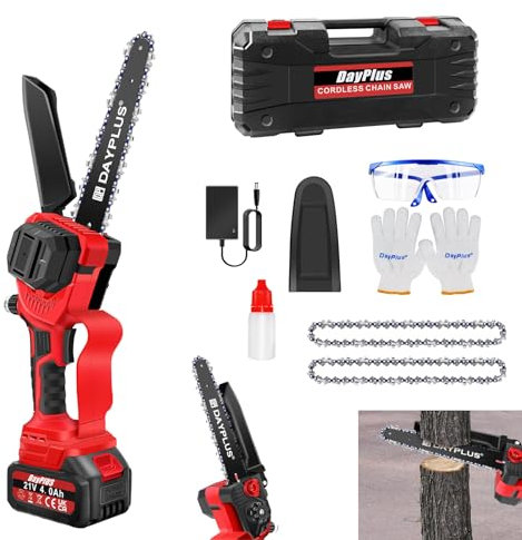 Minimotosierra inalámbrica de 8 pulgadas, motosierra eléctrica sin escoba con batería de 4,0 Ah, 2 cadenas, motosierra de una mano con cerradura de seguridad para corte de madera, poda y jardinería