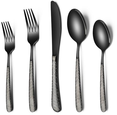 Black Hammered Silverware Set, 40-Piece Stainless Steel Heavy Duty Flatware Set for 8, Food-Grade Tableware Cutlery Set, Utensil Sets for Home Restaurant, Mirror Finish, Dishwasher Safe