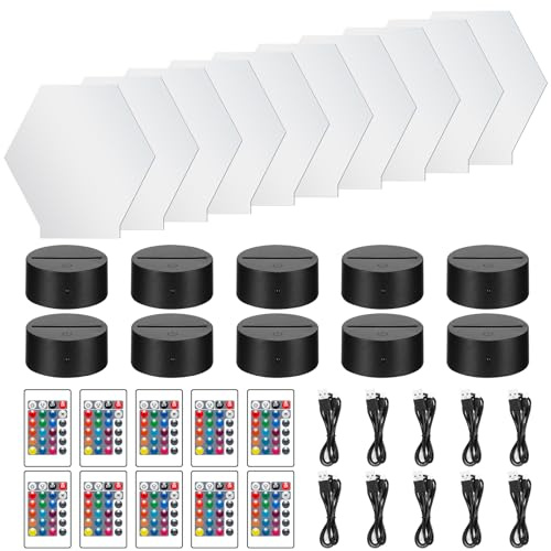 10 Pieces Clear Acrylic Sheets and 10 Pieces 3D Night LED Light Lamp Base with Remote Control and USB Cable, DIY Acrylic Led Night Lamp Sets for Bar Room Decoration, 7 Colors & 2 Modes (Hexagon shape)