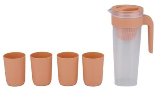 Plastic Pitcher Jug with Lid, Vented Spout and Tumbler Set 1L Juice Water Cocktail Drinks Jugs for Picnics BBQs Camping Parties Children Indoor Outdoor Dishwasher Safe (Orange)