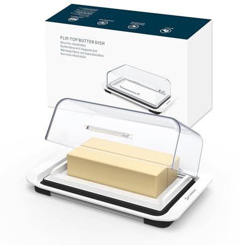 KITCHENDAO Airtight Flip-Top Butter Dish with Lid for Countertop and Refrigerator, Butter Keeper, Plastic Butter Holder Tray for 2 Sticks East Coast/West Coast/European Style/ Kerrygold Butter