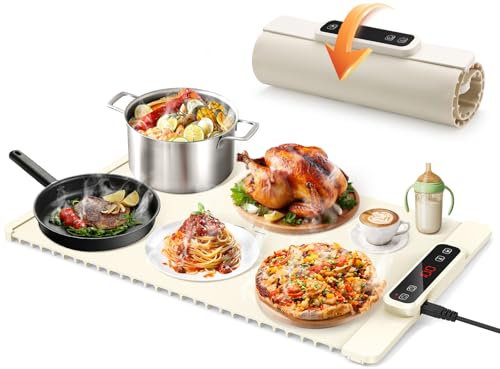 Food Warmer Electric Warming Tray, Portable Food Warming Mat with 4 Timers, 5 Temperature Settings, Roll Up Hot Plates for Keeping Food Warm, Heated Food Warmers for Buffet Server Party Thawing Beige