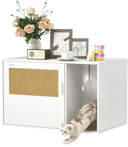 PawHut Katzenklo-Schrank Katzenschrank mit Loch, Katzentoilette mit Tür, Eingang, Kratzpad, Katzenklo Schrank für Katze unter 6 kg, 80 x 50 x 50 cm, Indoor, Weiß