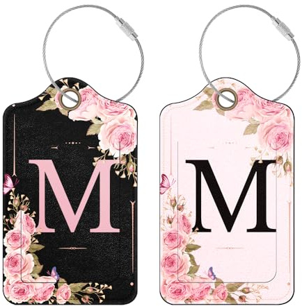2 Pack Personalized Initial Luggage Tag for Suitcases, PU Leather Suitcase Tags, Travel Bag Luggage Labels for Women Girls (M)