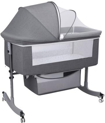yoakaiax Bedside Crib, 3 in 1 Baby Crib, Baby Cradle, Bassinet, Babys Cot, Bedside Sleepers with Large Curvature Cradle, Height Adjustable Travel Cot, Movable Beside Bassinet with Mosquito