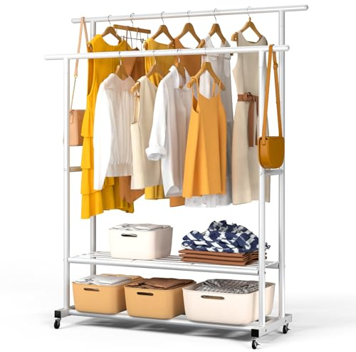 VOUNOT® Burro Ropa Resistente, Perchero Burro Metálico Doble Barra con Ruedas y 2 Estantes Inferiores, Organizador Móvil de Ropa con Zapatero, Colgador para Dormitorio y Vestidor, 120x40x146 cm Blanco