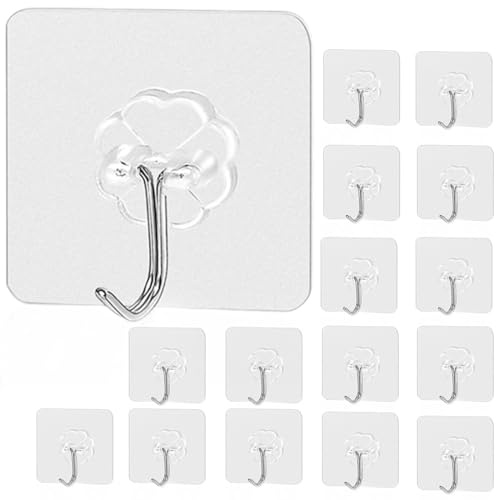SGERUFZ Klebehaken Extra Stark, Haken Selbstklebend, 16 Stück Klebehaken Transparent Ohne Bohren (max 10 kg) Wandhaken Selbstklebend für Küche Bad Wand & Decke Aufhänger