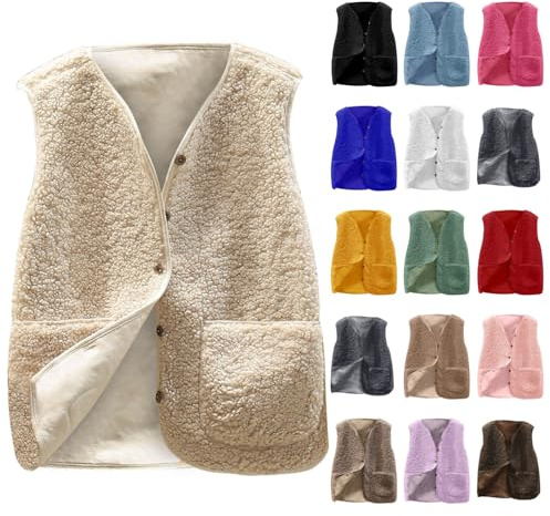 EMATOP Teddy Fleece Weste Damen Winter Warm Fellweste Ärmellos Leicht Fleeceweste Einfarbig Elegant Plüschweste V-Ausschnitt Knöpfen Teddyweste mit Taschen Winterweste Bequem Übergangsjacke