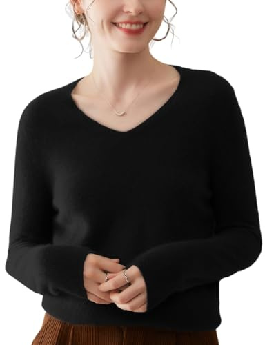 DISSA Pull Cachemire Femme Col V Ample,Noir,44