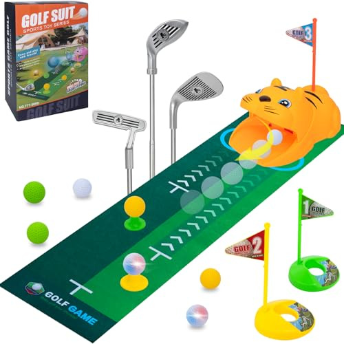 QEEYON Golfset för barn med automatisk bollåterställning, LED-lysande golfbollar, 3 klubbor, putting-matta, presenter till pojkar och flickor från 3 år (gul)