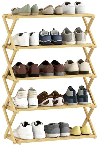 HOMCOM Scarpiera Ingresso Pieghevole a 5 Livelli in Bambù Pronto all'Uso, Scaffale Portascarpe Salvaspazio per 15 Paia, per Ingresso, Soggiorno, Corridoio, 60x29x88 cm, Color Legno