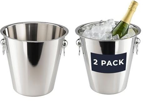 Chabrias 2 Pack 5 Litre Polished Stainless Steel Champagne & Wine Ice Bucket – Durable Double-Wall Drinks Cooler with Carry Handles | Professional Bar & Home Entertaining Bucket