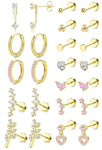 MILACOLATO 12 Paar Helix Piercings Chirurgenstahl Ohrringe Piercing Ohr | Ohrringe Gold Wasserfest Flatback Ohrstecker Hypoallergen Klein Huggie Creolen Knorpel Rook Tragus Conch Piercing Ohr Schmuck
