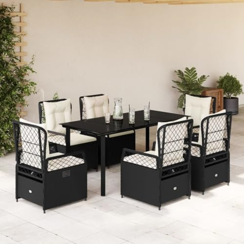 Frdhee Gartensitzgruppe Balkonmöbelset Sofagarnitur,7 TLG. Garten Essgruppe mit Kissen Schwarz Poly Rattan,Für Garten,Balkon,Terasse,Kann Schnell Montiert Werden