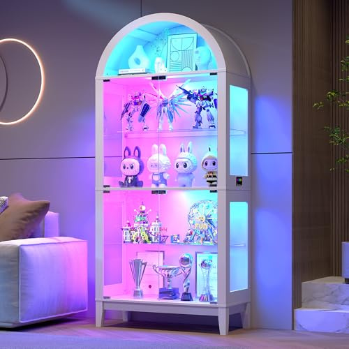 175cm Tall Arched Display Cabinets with Human Body Sensor for Collectibles | Display Cabinet with RGB Lights,5-Shelves Bookcase with Glass Doors,Trophy Storage Cabinets for Bookshelf,Living Room,White