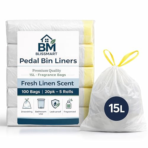 BLISSMART Pedal Bin Bags 15L - 100pk White Drawstring Pedal Bin Liners Small Bin Bag Rolls Fresh Linen Scented Small Bin Liners Odour Neutralising For Bathroom Kitchen Office Waste (15L - 100 Bags)