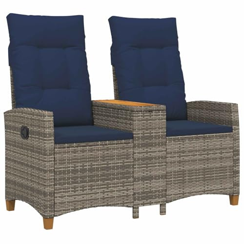 vidaXL Liegebank mit Tisch in Grau und Marineblau, 126 x 65 x 112 cm, verstellbarer Rattansessel, modern für den Außenbereich, bequem und mit wetterfestem Kissen