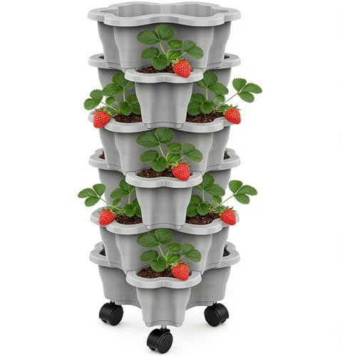 Genérico 6 Niveles Macetero Apilable para Fresas - Macetas Verticales Apilables con Ruedas, Resistentes A La Intemperie para Hierbas, Flores Y Fresas, Tanto para Interiores como para Exteriores
