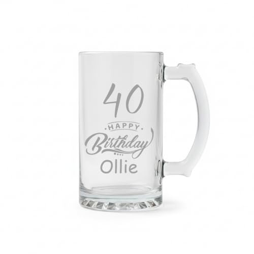 ukgiftstoreonline Personalised Engraved Tankard Beer Mug with Thumb Handle, 510ml, Glass, Happy Birthday Gift Boxed (40th Birthday Beer Glass Gift)