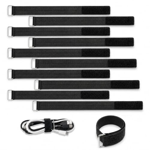 10 Pcs Sangles Elastiques Sangles Scratch Velcr 50cm en Nylon, Attache Cable Velcr avec Boucle Métallique, Serre-Câbles Ajustables pour Organisation Rangement et Fixation Tuyaux Tapis de Yoga, Noir