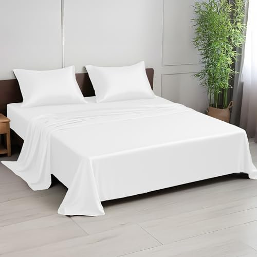 LINENWALAS Juego de ropa de cama de bambú de 4 piezas, sábanas refrescantes de seda vegana con 1 sábana bajera, 1 sábana encimera y 2 fundas de almohada (doble, blanco)