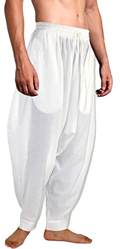 AITFINEISM Hommes Pantalon Confortable Taille Élastique Pantalon De Mode Unicolore Casual Yoga Hippies Pantalon (Blanc 2,S)