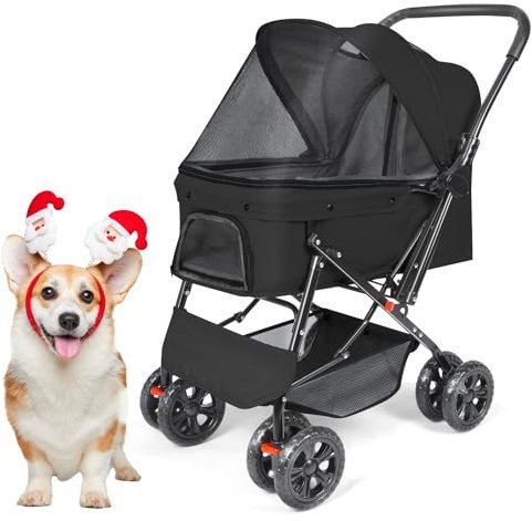 Wedyvko Hundebuggy bis 20KG, 4 Räder Hunde Wagen Klappbar für Kleine Hunde/Mittlere Hunde und Katzen, Hunde Wagen mit Storage Basket und Cup Holder