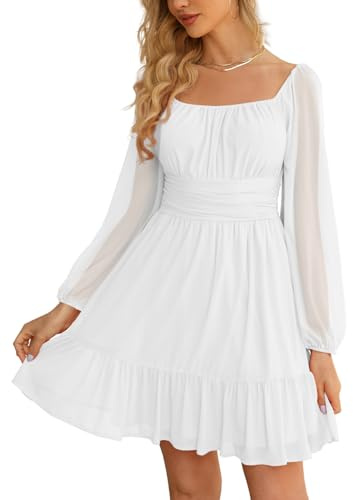 Wenrine Women's Mesh Long Sleeve Dress A Line Flowy Casual Mini Dresses