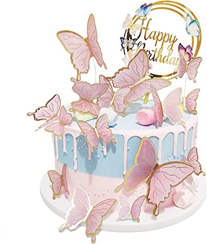 MEETOZ Butterfly Cake Toppers Decorations - 1 Big Happy Birthday Cake Topper & 15Pcs 3D Pink Gold Butterfly Cupcake Toppers - Butterfly Party Supplies for Girls Women's Birthday Cake Party Decorations