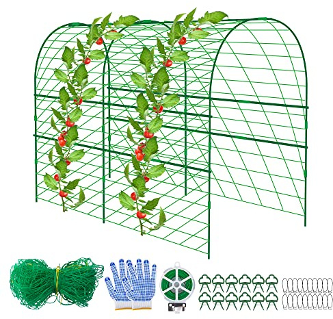 codree Gartengurken-Rankgitter für Pflanzenklettern, Metallbogen, Melonen-Rankgitter für Hochbeet, faltbares Gartentunnel-Spalier mit Kletternetz-Clips für den Anbau von Ranken, Gemüse