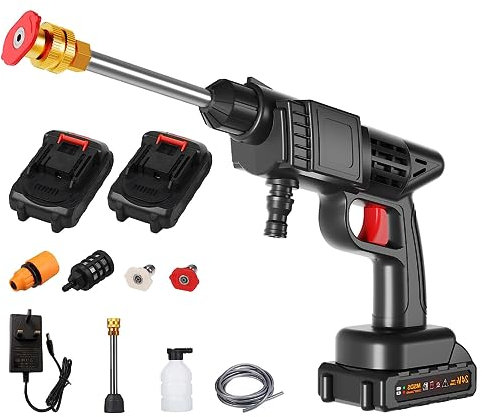 Mulcort Limpiadora de alta presión inalámbrica, portátil, alimentado por batería, 21V, 1500 mAh, 150 PSI, incluye accesorios, para riego de plantas o limpieza de suelos (EU)