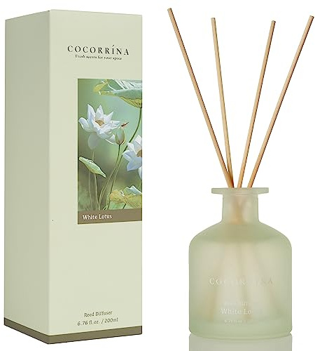Cocorrína Raumduft Diffuser mit Duftstäbchen 200ml- Weißer Lotus, Natürlich, Langanhaltend, für Schlafzimmer Badezimmer Regal Dekor Büro Dekoration, Aromatherapie