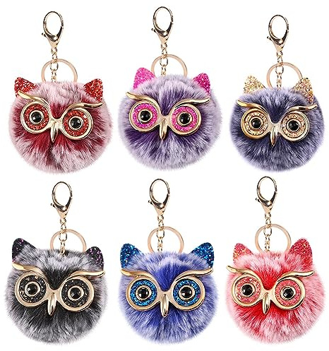 LICHENGTAI Eule Schlüsselanhänger, 6 Stück Niedlicher Plüsch Eule Anhänger Cartoon Schlüsselbund Bling Strass Taschenschlüsselanhänger Handtaschendekorationen Rucksackdekorationen